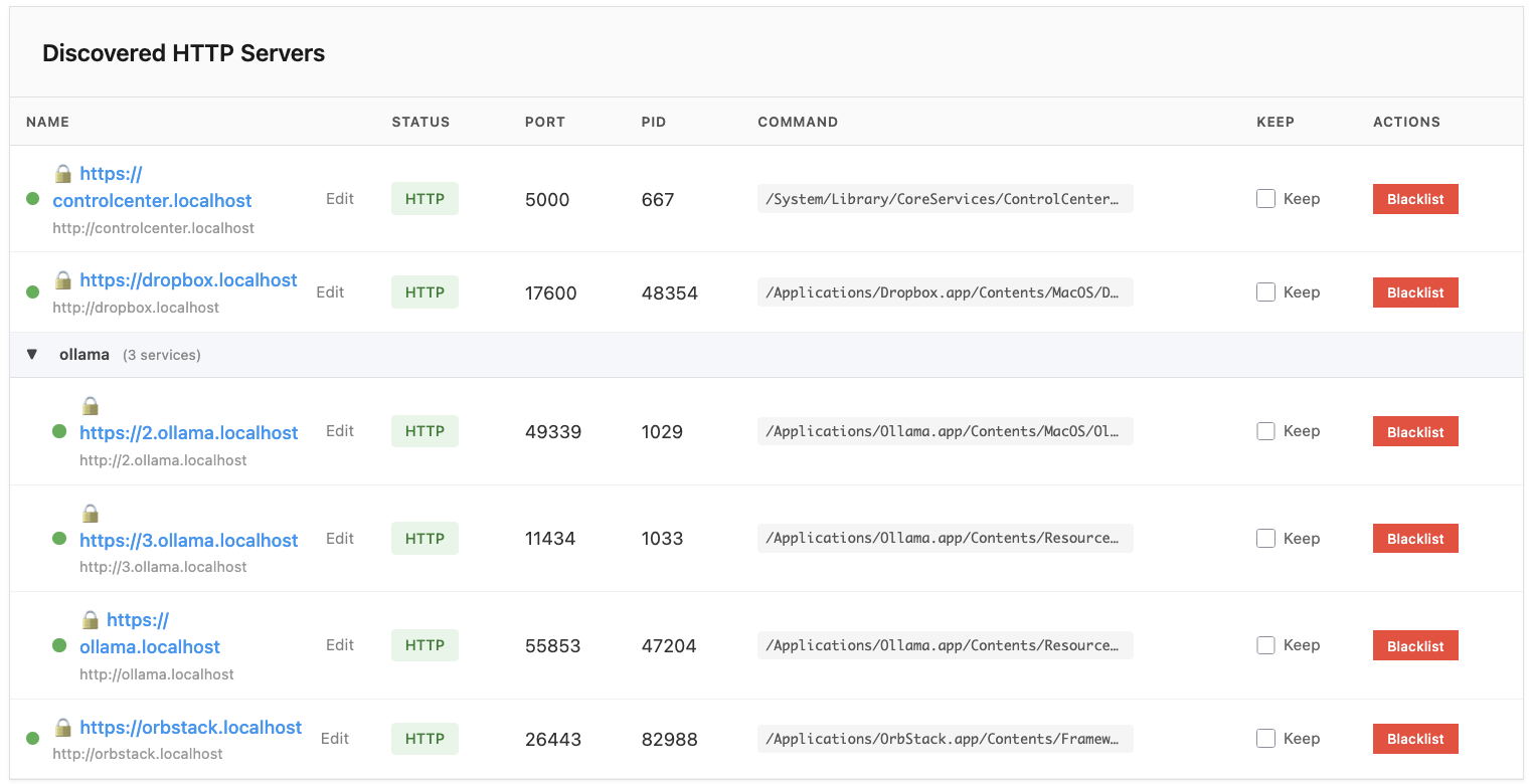nameport web dashboard showing discovered HTTP services with health status, rename, and blacklist controls